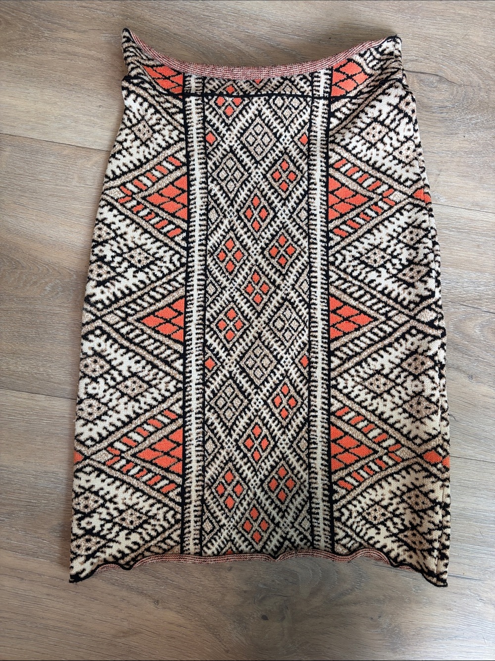 BCBGMaxAzria Vintage Orange, Cream & Black Geometric Knit Pencil Skirt